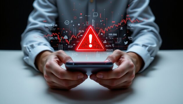 digital error, man hands holding futuristic smartphone, red alert triangle, overlay data graphics, financial data streams, dark background, white desk, soft volumetric lighting - Powered by Adobe