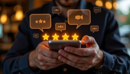 up, hands holding cellphone, reviewing rating, glowing star feedback icons, translucent speech bubbles floating, cinematic lighting, shallow depth of field, bokeh background