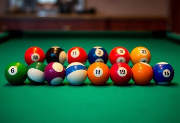 Fifteen billiard balls arranged in a standard rack on a pool table,  rack,  play