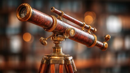 Antique telescope on tripod, warm tones