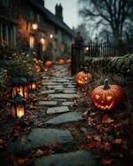 Obraz premium Halloween pumpkins arranged in graveyard setting