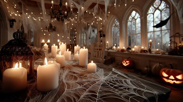 Halloween room decorated with spider webs, pumpkin, candles, and spooky silhouette
