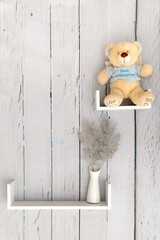 Abstract background with wall bookshelf and teddy bear