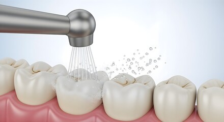 Dental cleaning process using a water spray tool at the dentist office showcasing oral hygiene techniques