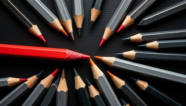 Single red pencil among gray and black pencils on black background; copy space,  daring,   background