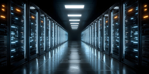 Data Fortress: A futuristic server room bathed in cool blue light, showcasing rows of high-tech servers and a sense of technological innovation and digital security.