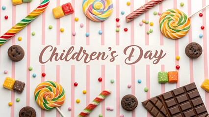 Childrens day candy background with lollipops sweets and chocolates for kids party