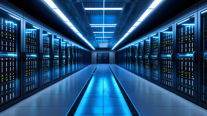Futuristic and sterile, the sterile server room hallway with blue and white lines stretches like a brightly lit corridor through a city's digital business architecture