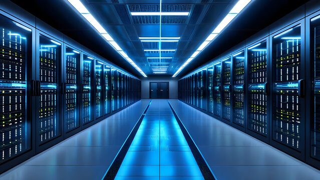 Futuristic and sterile, the sterile server room hallway with blue and white lines stretches like a brightly lit corridor through a city's digital business architecture