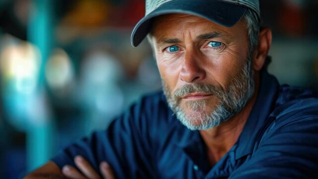Portrait of an older man with blue eyes and a beard captured outdoors during the day in a relaxed atmosphere