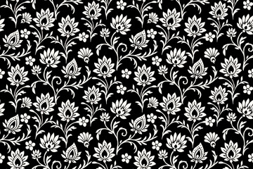 Seamless floral pattern with lotus-inspired blossoms in white on a black background, elegant ornamental design perfect for fabric, wallpaper, and decor.