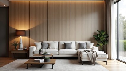 Contemporary living room with light beige sectional sofa and wooden paneling.