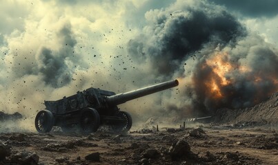 Obraz premium Heavy artillery piece firing at distant targets in a war-torn landscape, with massive smoke trails