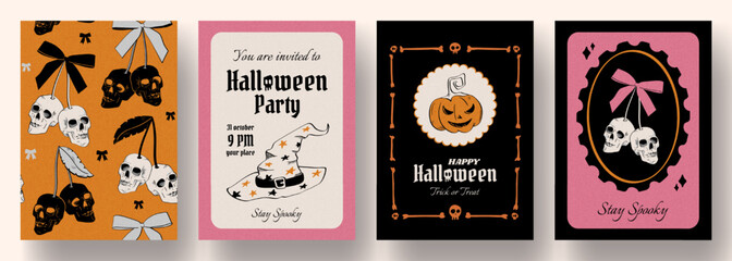 Set of Halloween posters with pumpkin, pattern of spooky cherry-like skulls tied with bows.  Vintage gothic coquette aesthetic, cute holiday design, templates for invitations, greeting cards, cover.