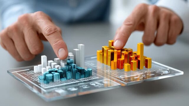 Business Performance and Hands-On Analysis: A professional's hands carefully interact with a dynamic data visualization, representing market trends and business performance.