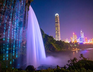 Waterfall cascading over cliff at night, city skyline in background.  Binary code projected on the cliff face