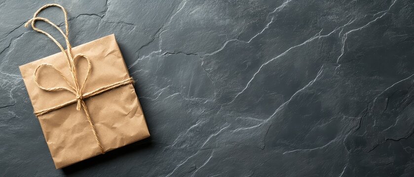 Wrapped package with twine on dark stone. Present with natural string. Simple living. Zero waste living concept. Ecological package.