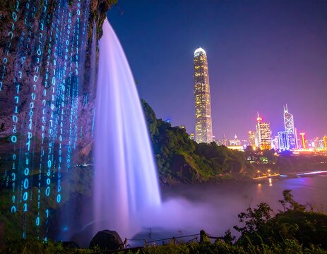 Waterfall cascading over cliff at night, city skyline in background.  Binary code projected on the cliff face