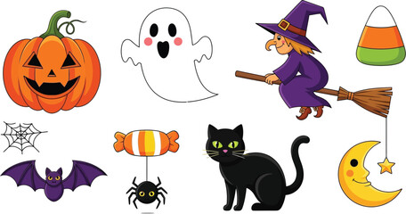 Spooky Halloween collection with witch, black cat, and pumpkin for festive holiday designs