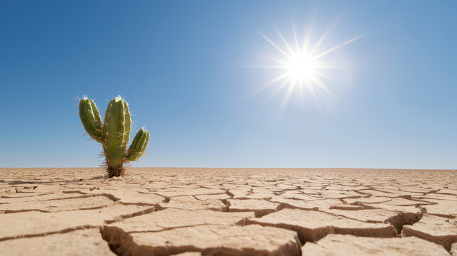 Vibrant cactus stands alone in dry, cracked landscape under bright sun, symbolizing resilience in harsh conditions