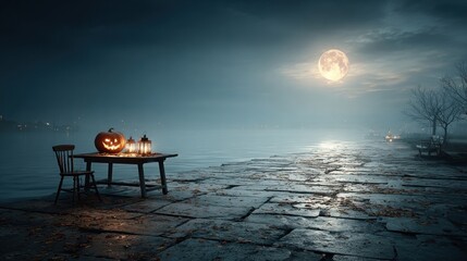 Jack O' Lantern on a table under the full moon
