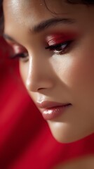 Close-up profile portrait of young Asian woman with red eyeshadow makeup and glossy lips against red background, showing professional beauty and cosmetic artistry.