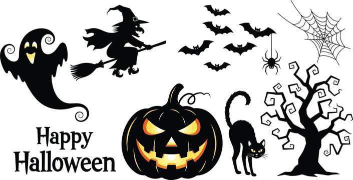 Spooky Halloween design elements for your festive projects featuring ghost, witch, pumpkin and black cat - Powered by Adobe