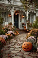 Obraz premium Jack-o'-lanterns and flowers on decorated front porch