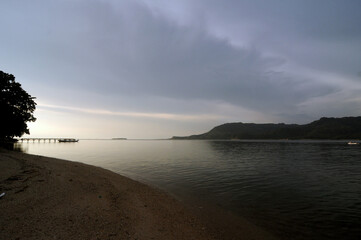 Tranquil coast at sunset with lush trees and calm water