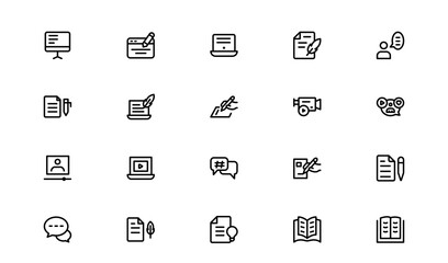 Flat Storytelling Icon Set – Minimal Linear Outline Vector Pack with Book, Narration, Story, Content, Writing, Creativity, Microphone, Perfect for Web, UI, and Graphic Design