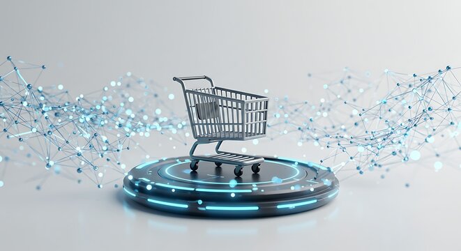 Silver Shopping Cart on Glowing Platform with Blue Network Background - Powered by Adobe