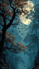Fototapeta premium Nighttime spooky background with bats, trees, and full moon