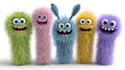 Obraz premium Fluffy, colorful cartoon monsters in a row