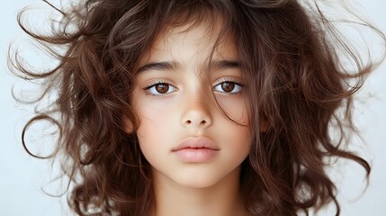 Naklejka premium Young Hispanic woman with natural messy curly brown hair and minimal makeup looking directly at camera against light background, expressing confidence and natural beauty.