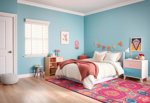 Pastel blue walls, colorful rug, cozy bed with plush bedding, playful decor, house, textile