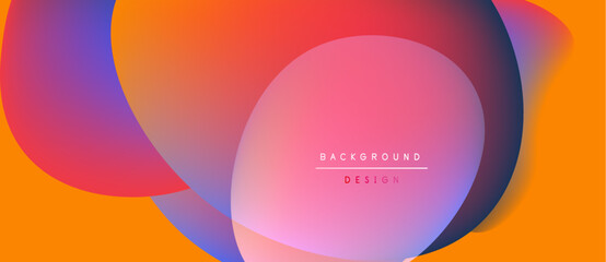 Abstract vibrant shapes overlap. Orange, pink, purple hues blend creating modern background design. Text reads background design.