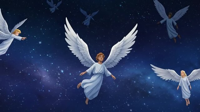 An animated angel with white wings flying in the sky with butterflies