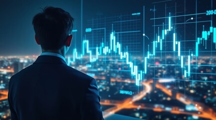 Businessman gazes at futuristic digital stock market data over cityscape