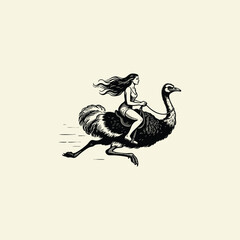 Obraz premium Engraving style logo illustration of a woman riding a running ostrich
