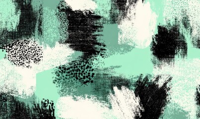 Abstract pattern with mint green, black, and white brushstrokes and animal print elements