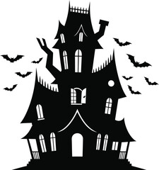 Spooky haunted mansion silhouette with flying bats for thrilling Halloween celebrations
