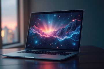 Laptop computer screen displaying a digital artwork of space mountains.