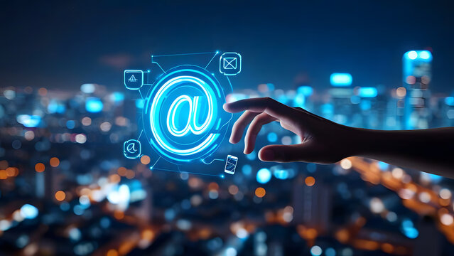 Hand with a glowing e-mail sign and an illuminated 'at' symbol represents digital communication and information technology on a web network