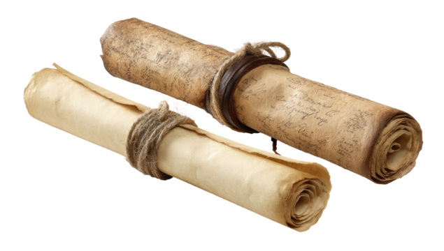 Two ancient scrolls, rolled and tied with twine, show aged, parchment-like paper with faded, handwritten text