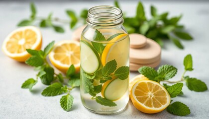 Fototapeta premium Refreshing lemon cucumber mint infused water in a clear glass bottle , healthy drink, lemon water
