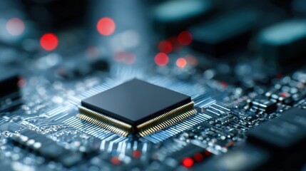 Obraz premium Medium shot of a sleek AI chip embedded in a motherboard with blurred circuits in the background symbolizing hardware acceleration for artificial intelligence.