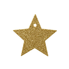 Obraz premium Pristine gold glitter star-shaped gift tag, high-quality, perfectly symmetrical, on a pure transparent background with shadowless studio lighting, direct top-down macro shot, luxury celebration