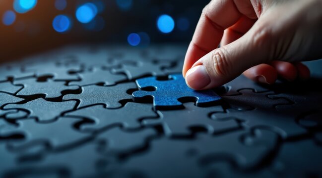 Hand placing the final blue puzzle piece into a completed jigsaw puzzle