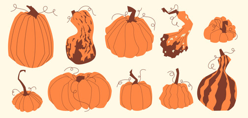 Autumn pumpkins set in vector style. Decorative squash collection with different shapes and colors. Perfect for seasonal design, posters, packaging and holiday projects