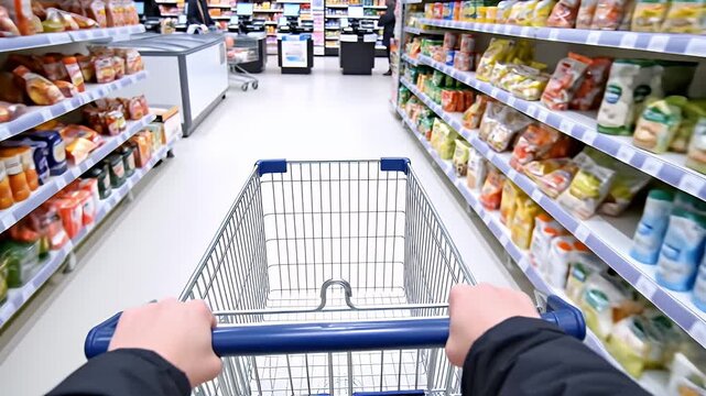 Shopping cart in a supermarket aisle, with a first-person view of hands pushing the cart past shelves filled with groceries and food items, highlighting the shopping experience.